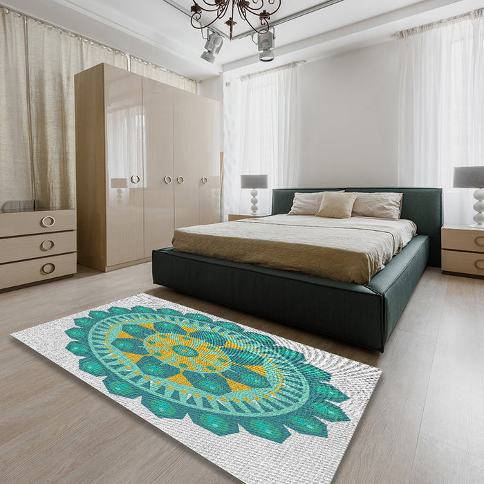 Machine Washable Transitional Sea Green Rug in a Bedroom, wshpat1920