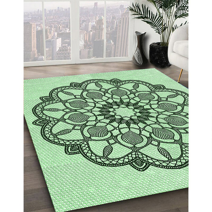 Patterned Mint Green Rug in Family Room, pat1926grn