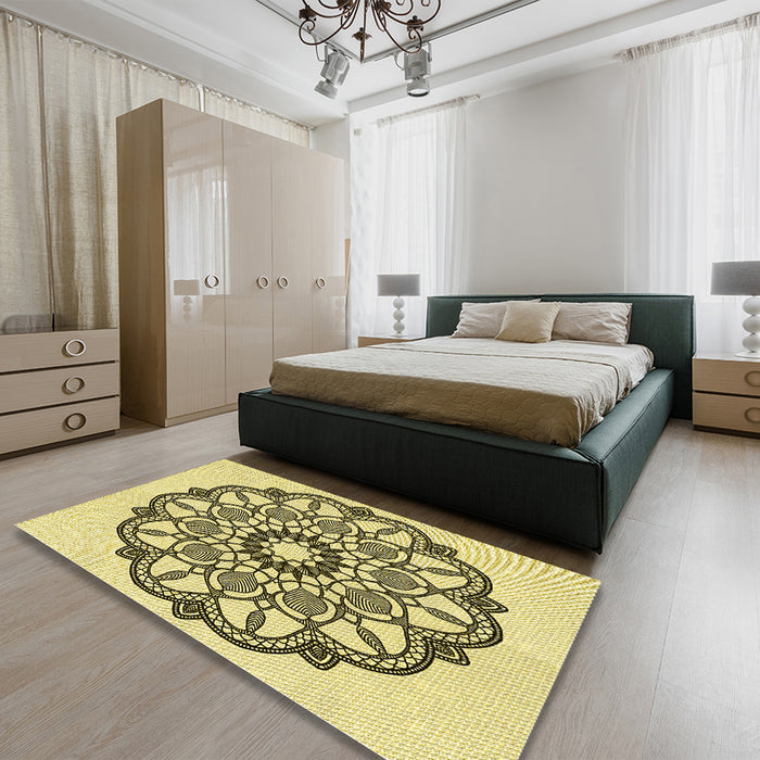 Patterned Mustard Yellow Rug in a Bedroom, pat1926yw
