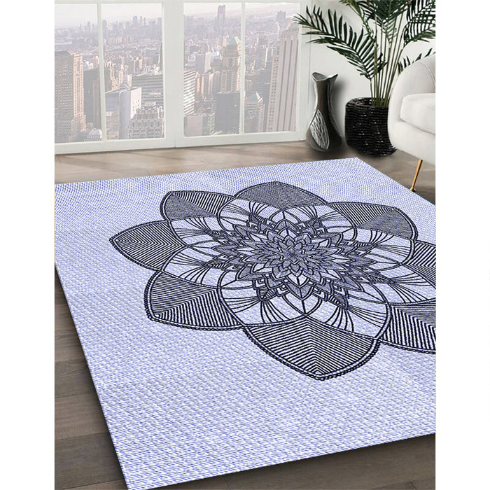Patterned Lavender Blue Rug in Family Room, pat1928blu