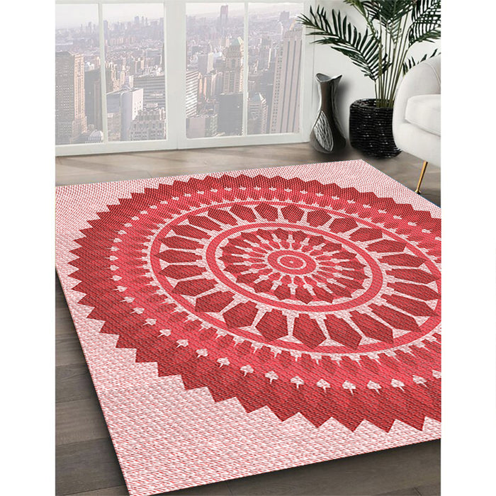 Patterned Pastel Pink Rug in Family Room, pat1929rd