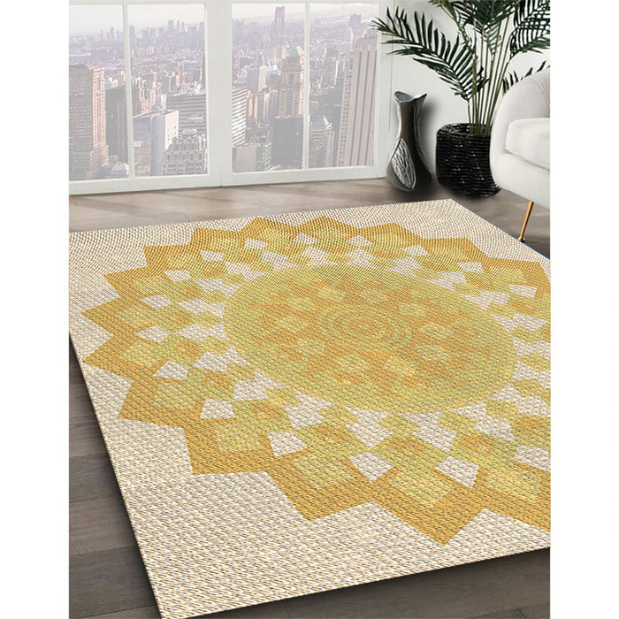 Patterned Yellow Rug in Family Room, pat1931brn