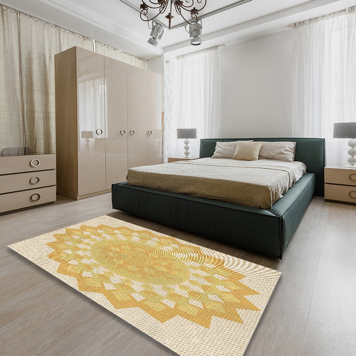 Patterned Yellow Rug in a Bedroom, pat1931brn