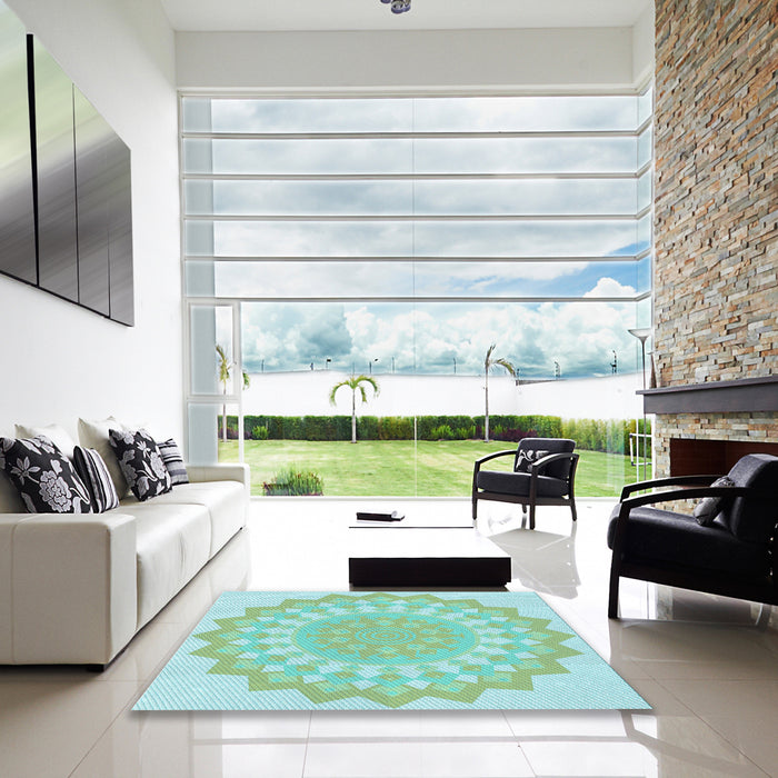 Machine Washable Transitional Aquamarine Green Rug in a Kitchen, wshpat1931lblu