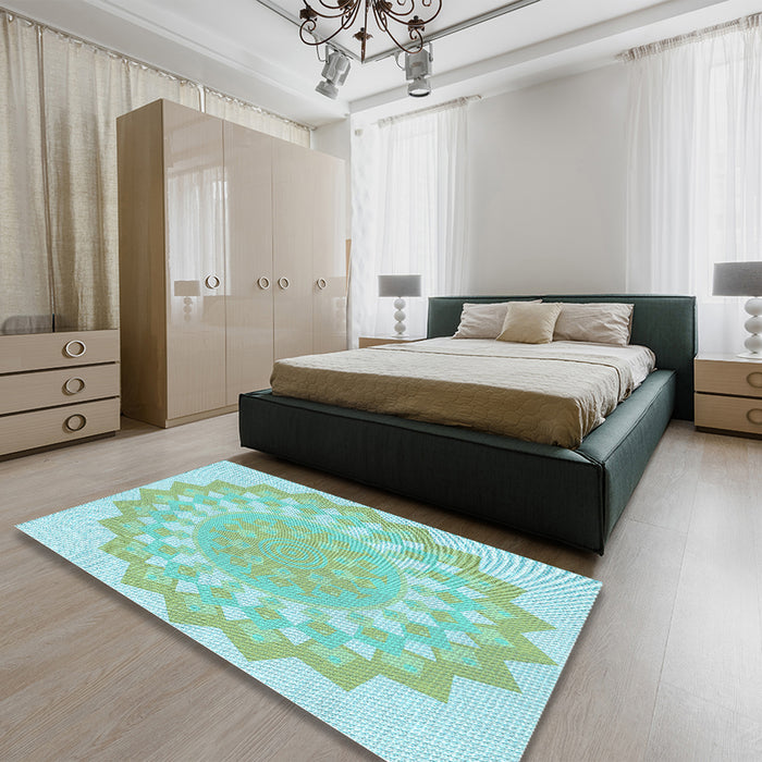 Patterned Aquamarine Green Rug in a Bedroom, pat1931lblu