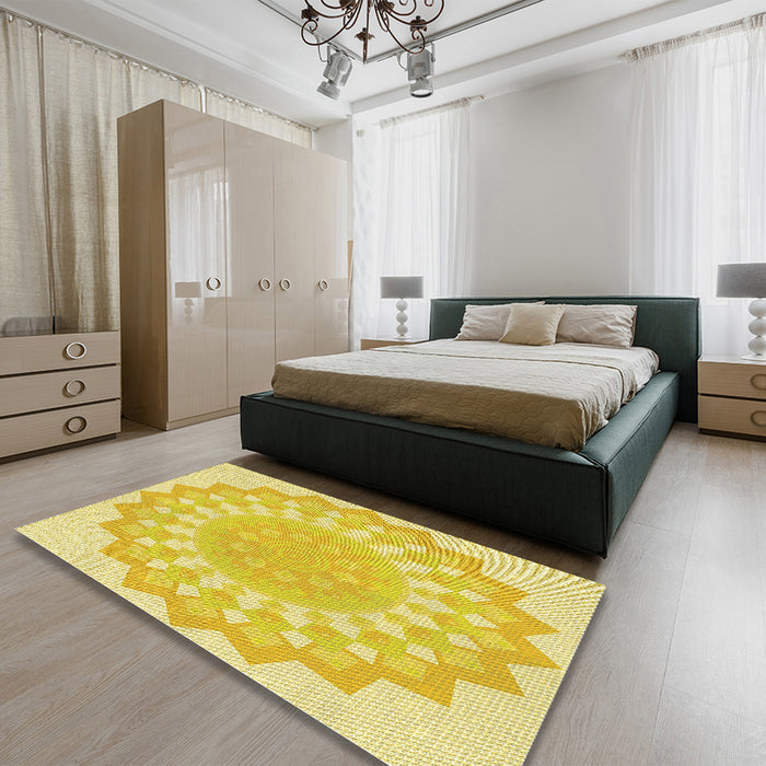 Patterned Yellow Rug in a Bedroom, pat1931yw
