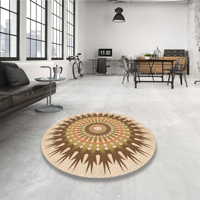 Round Patterned Khaki Gold Rug in a Office, pat1934org
