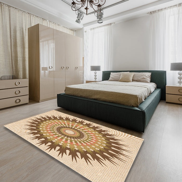 Patterned Khaki Gold Rug in a Bedroom, pat1934org