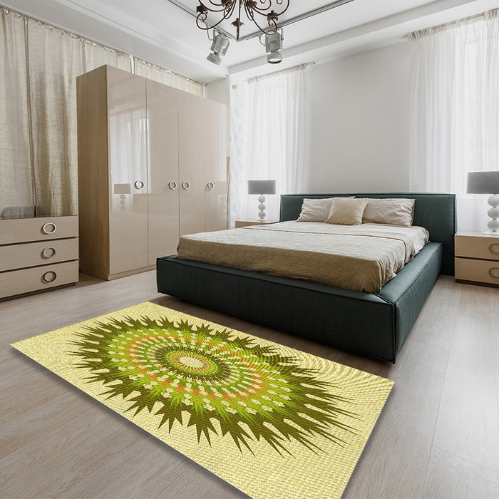 Patterned Dark Yellow Green Rug in a Bedroom, pat1934yw