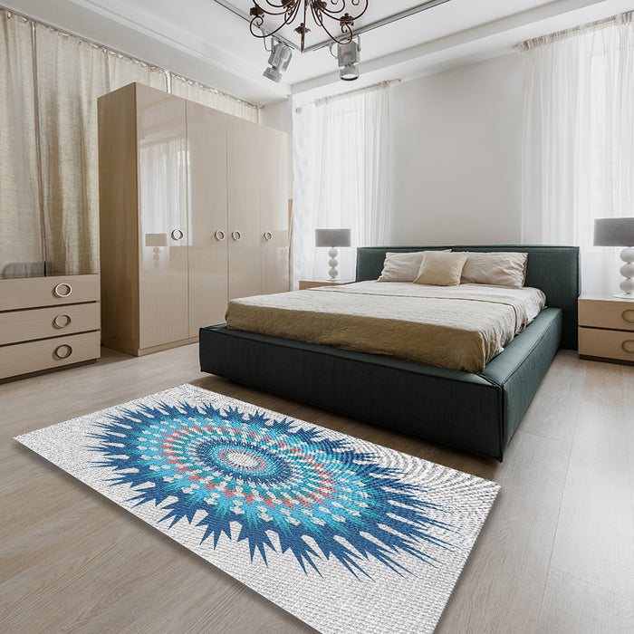 Patterned Steel Blue Novelty Rug in a Bedroom, pat1934