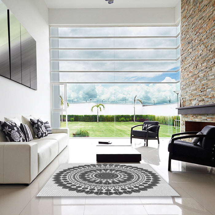 Square Patterned Carbon Gray Rug in a Living Room, pat1936gry