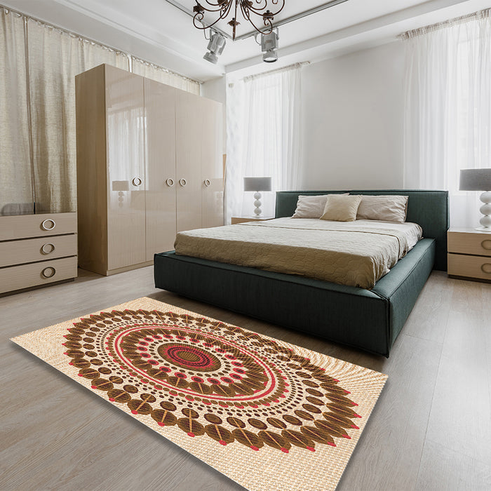 Patterned Mahogany Brown Rug in a Bedroom, pat1936org
