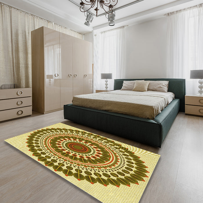 Patterned Dark Bronze Brown Rug in a Bedroom, pat1936yw