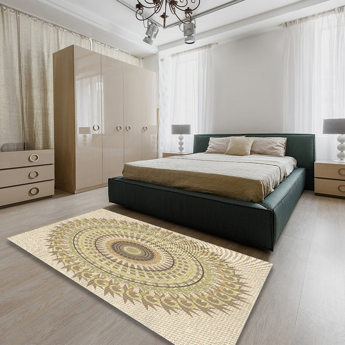 Patterned Khaki Gold Rug in a Bedroom, pat1938brn