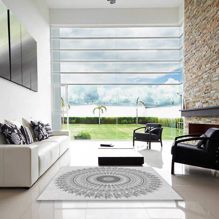 Square Patterned Gunmetal Gray Rug in a Living Room, pat1938gry