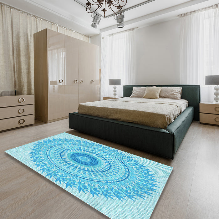 Patterned Bright Turquoise Blue Rug in a Bedroom, pat1938lblu