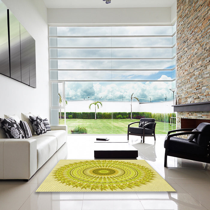 Square Patterned Brown Rug in a Living Room, pat1938yw