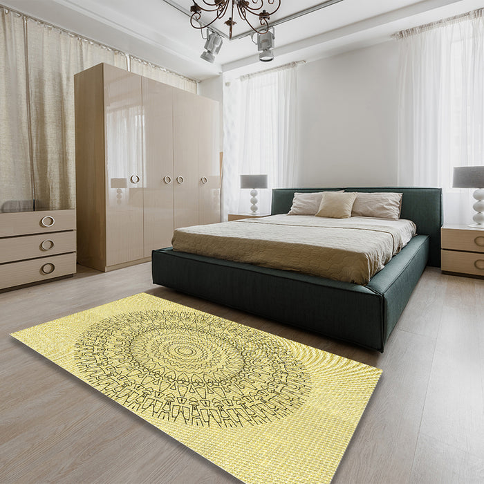 Round Machine Washable Transitional Sun Yellow Rug in a Office, wshpat1939yw