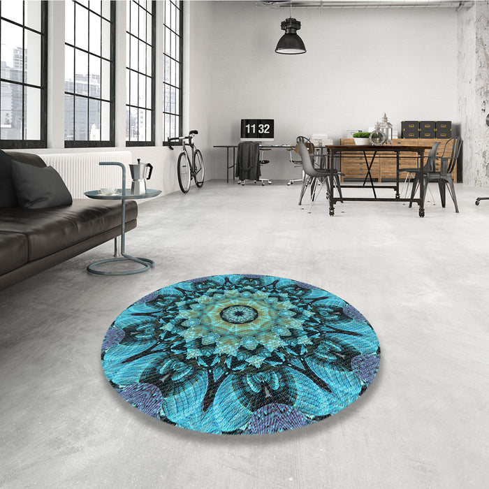 Round Patterned Bright Turquoise Blue Rug in a Office, pat194lblu