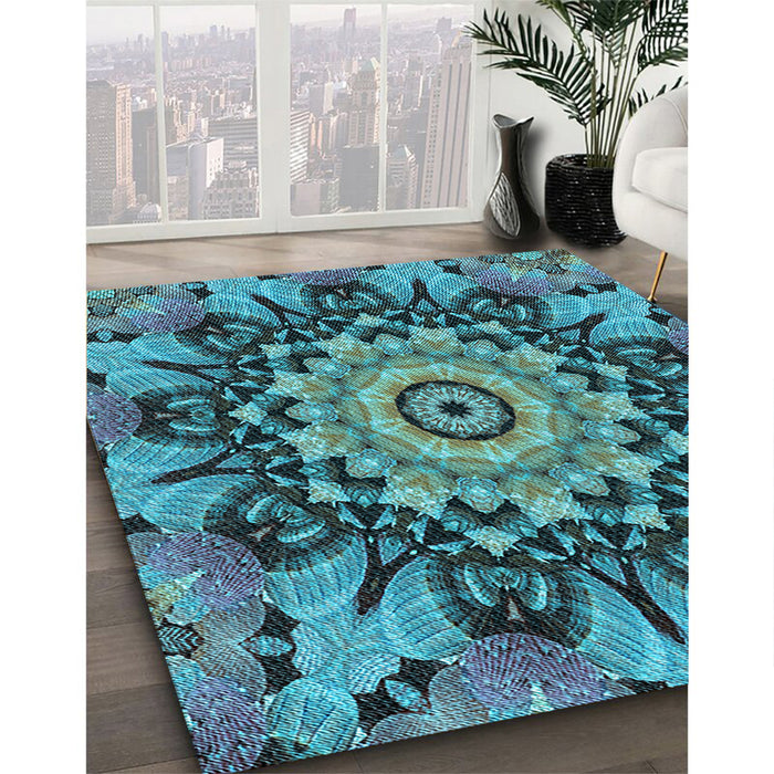 Patterned Bright Turquoise Blue Rug in Family Room, pat194lblu