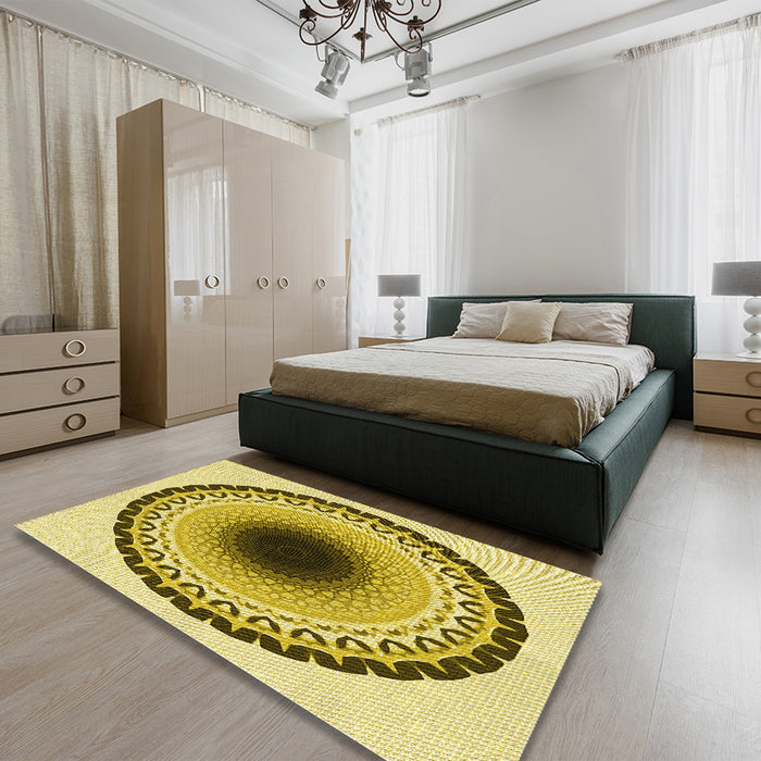 Round Machine Washable Transitional Dark Yellow Green Rug in a Office, wshpat1944yw
