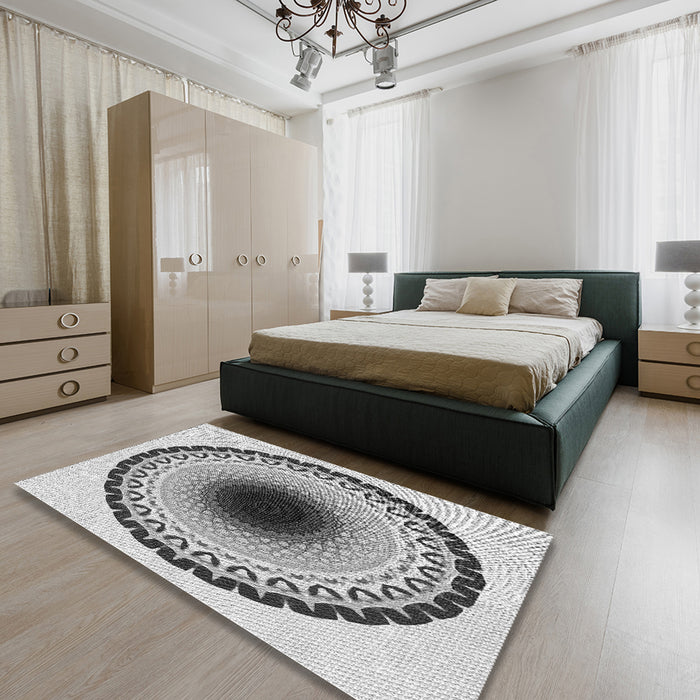 Patterned Carbon Gray Novelty Rug in a Bedroom, pat1944