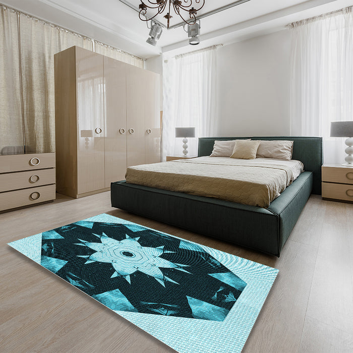 Patterned Deep Teal Green Rug in a Bedroom, pat1945lblu