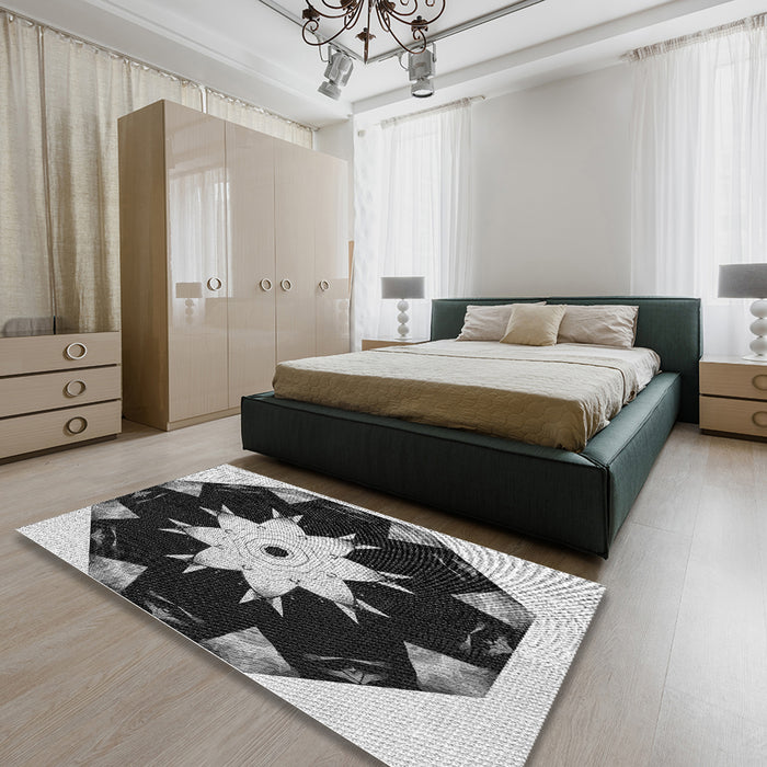 Patterned Mid Gray Novelty Rug in a Bedroom, pat1945