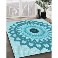 Patterned Dark Turquoise Green Rug, pat1946lblu