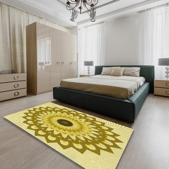 Patterned Dark Golden Brown Rug in a Bedroom, pat1946yw