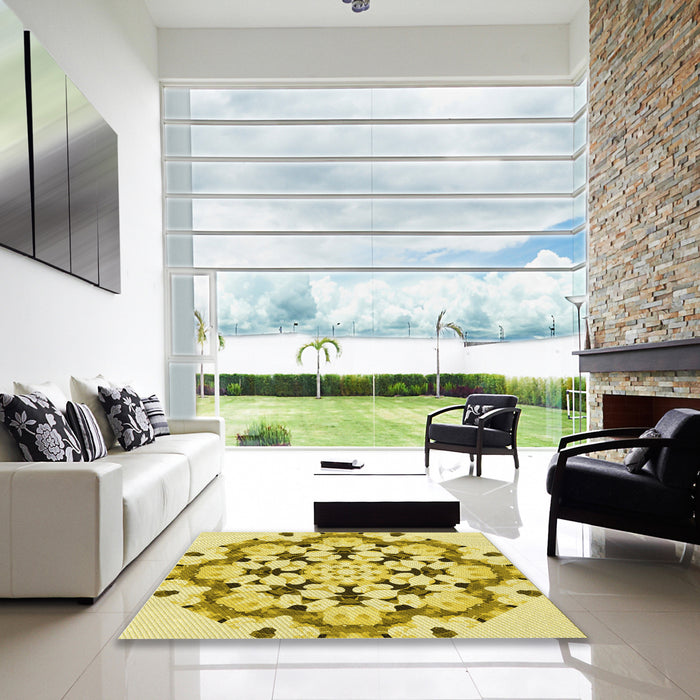 Square Patterned Dark Golden Brown Rug in a Living Room, pat1948yw