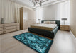 Patterned Dark Turquoise Green Rug in a Bedroom, pat1949lblu