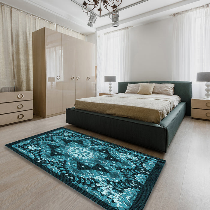 Patterned Dark Turquoise Green Rug in a Bedroom, pat1949lblu