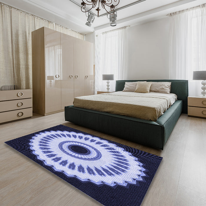 Round Machine Washable Transitional Lapis Blue Rug in a Office, wshpat1950blu