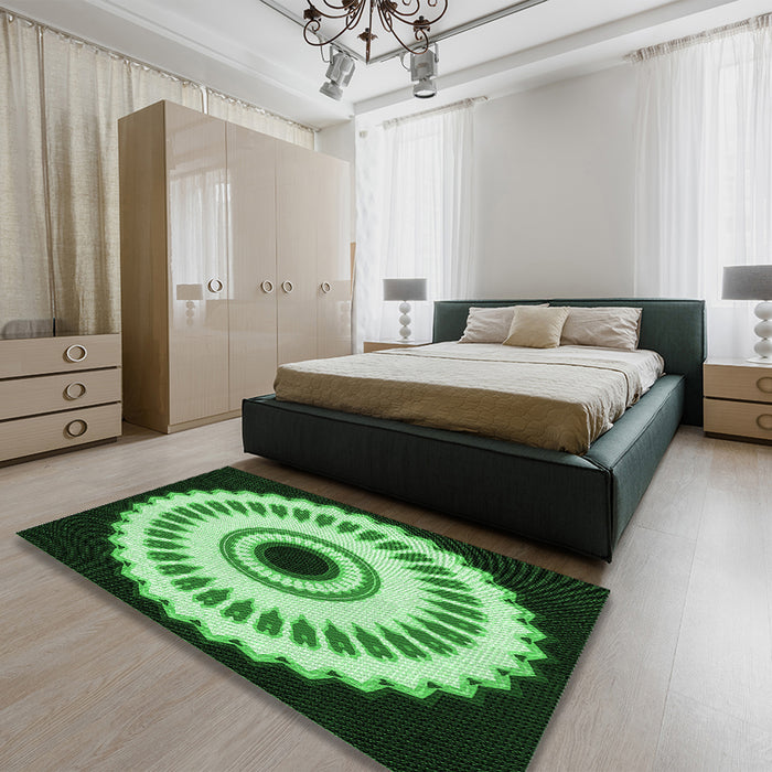 Round Machine Washable Transitional Deep Emerald Green Rug in a Office, wshpat1950grn