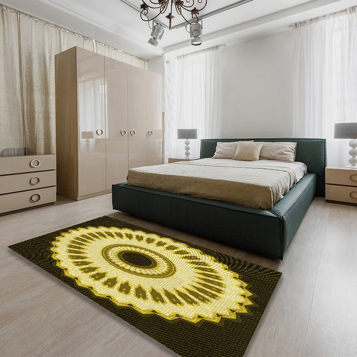 Patterned Bold Yellow Rug in a Bedroom, pat1950yw