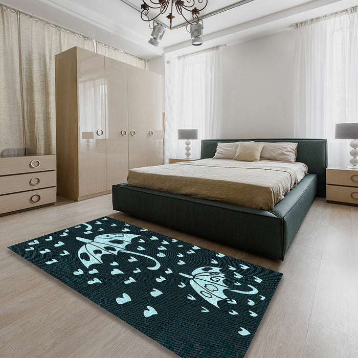 Round Machine Washable Transitional Deep-Sea Green Rug in a Office, wshpat1951lblu