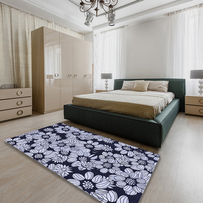 Patterned Midnight Blue Rug in a Bedroom, pat1953blu