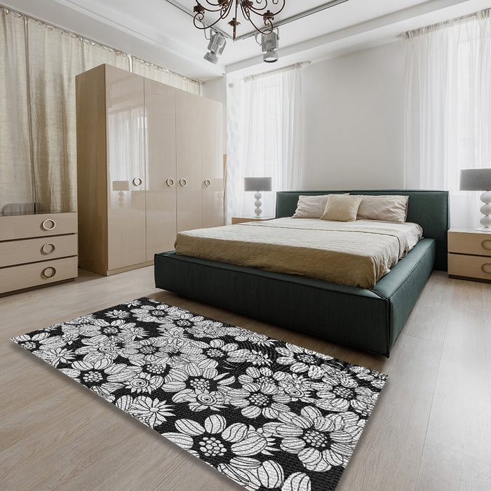 Patterned Charcoal Black Novelty Rug in a Bedroom, pat1953