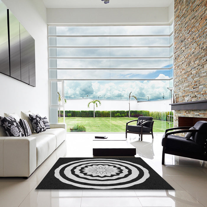 Square Patterned Black Novelty Rug in a Living Room, pat1955