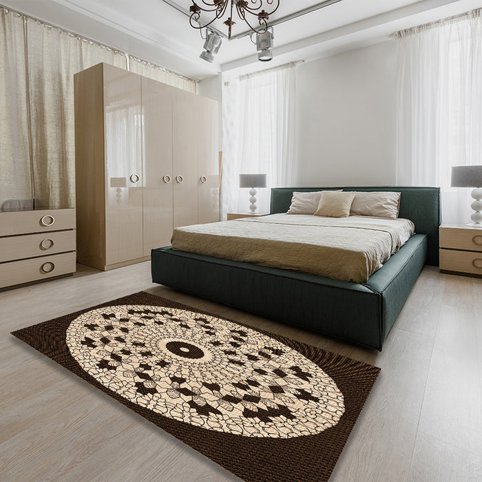 Patterned Black Brown Rug in a Bedroom, pat1956org