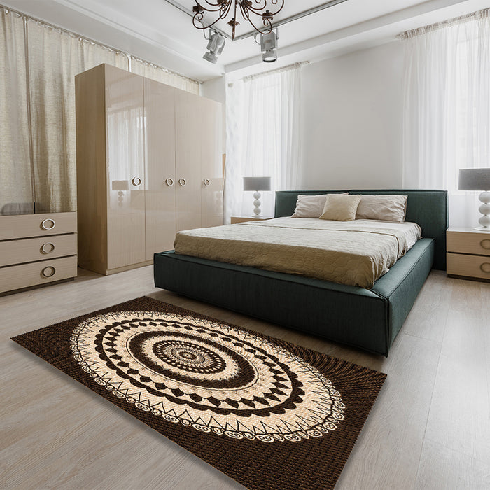 Patterned Black Brown Rug in a Bedroom, pat1957org
