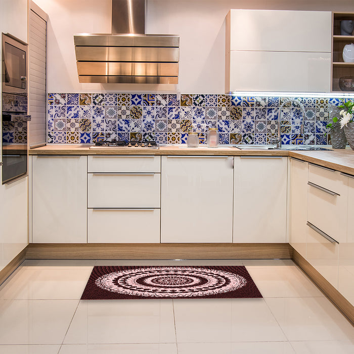 Patterned Chocolate Brown Rug in a Kitchen, pat1957rd