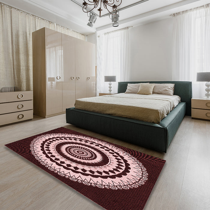 Patterned Chocolate Brown Rug in a Bedroom, pat1957rd