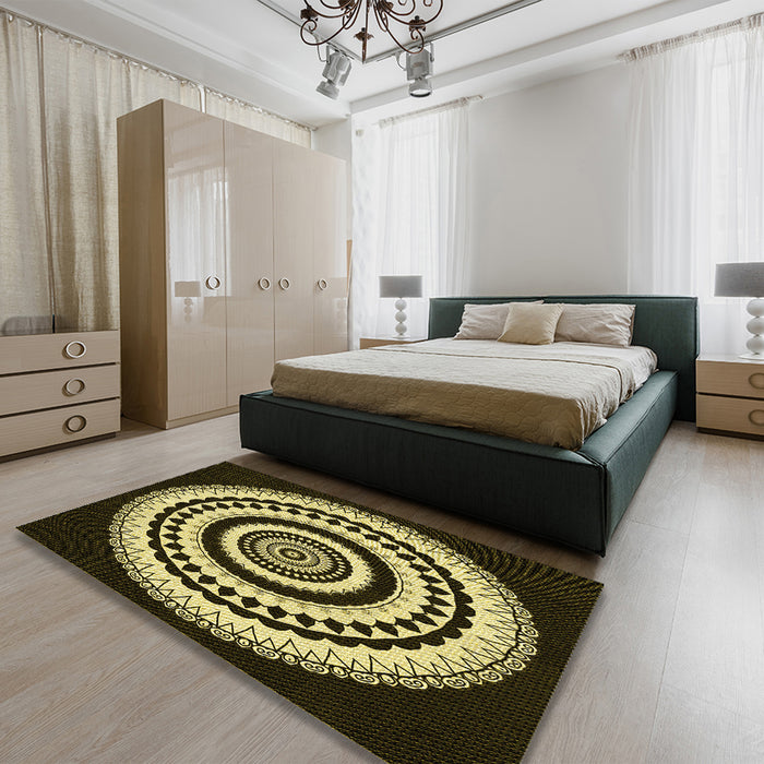 Round Machine Washable Transitional Metallic Gold Rug in a Office, wshpat1957yw