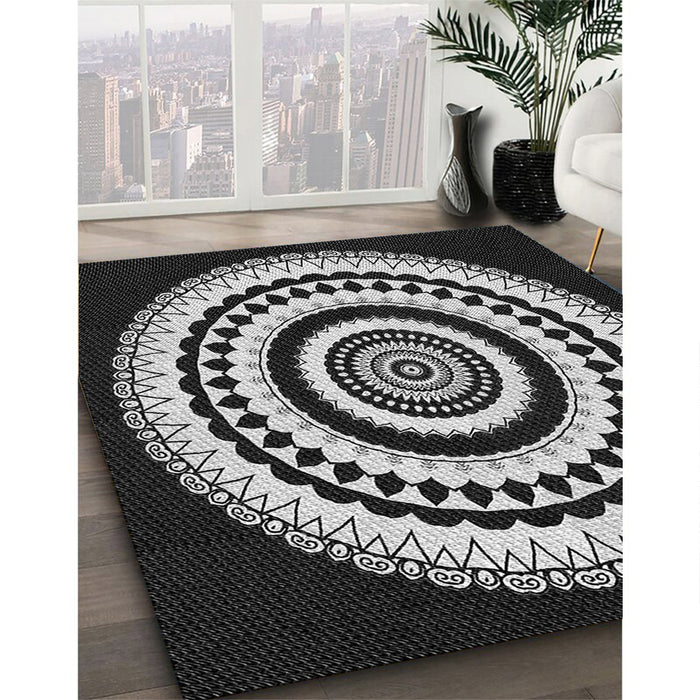 Patterned Black Novelty Rug in Family Room, pat1957