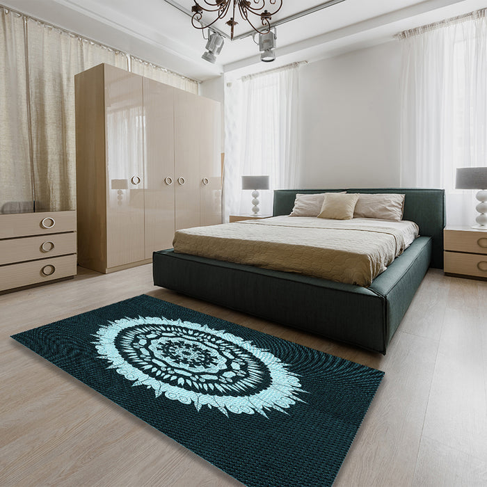 Patterned Deep-Sea Green Rug in a Bedroom, pat1959lblu