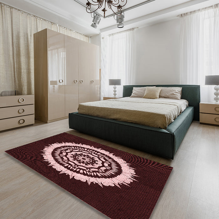 Patterned Chocolate Brown Rug in a Bedroom, pat1959rd