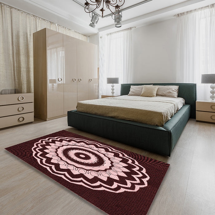 Patterned Chocolate Brown Rug in a Bedroom, pat1960rd