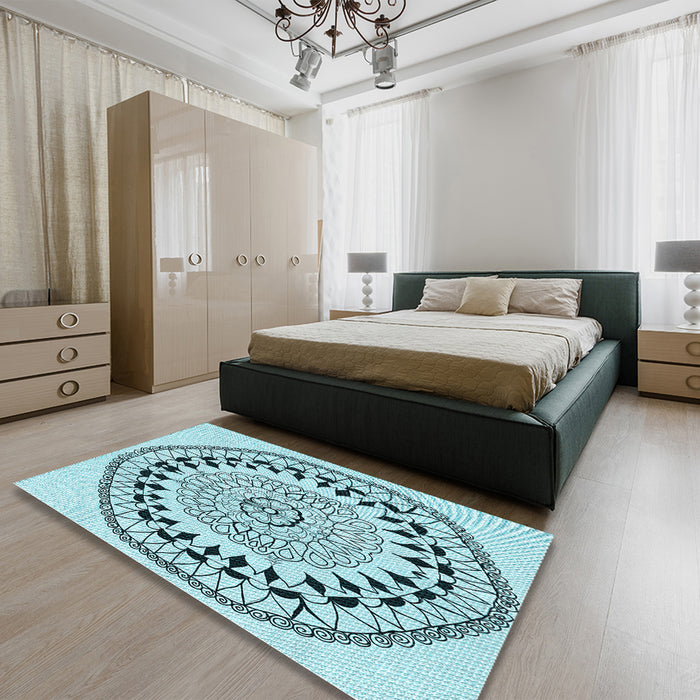 Round Machine Washable Transitional Deep-Sea Green Rug in a Office, wshpat1962lblu